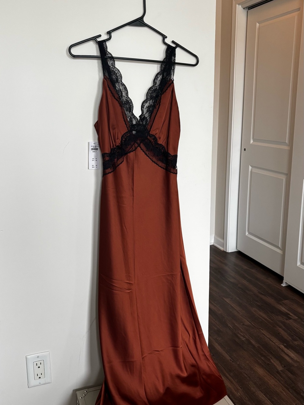 Rusty-Brown Long Satin Dress with Black Trim